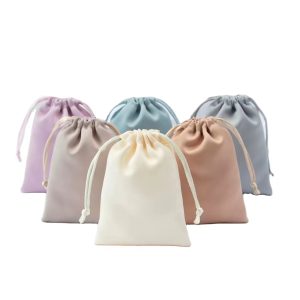 Custom Logo Printed Pink White Black Drawstring Cosmetic Jewelry Gift Bag Velvet Pouch Suede Satin Bag With Ribbon