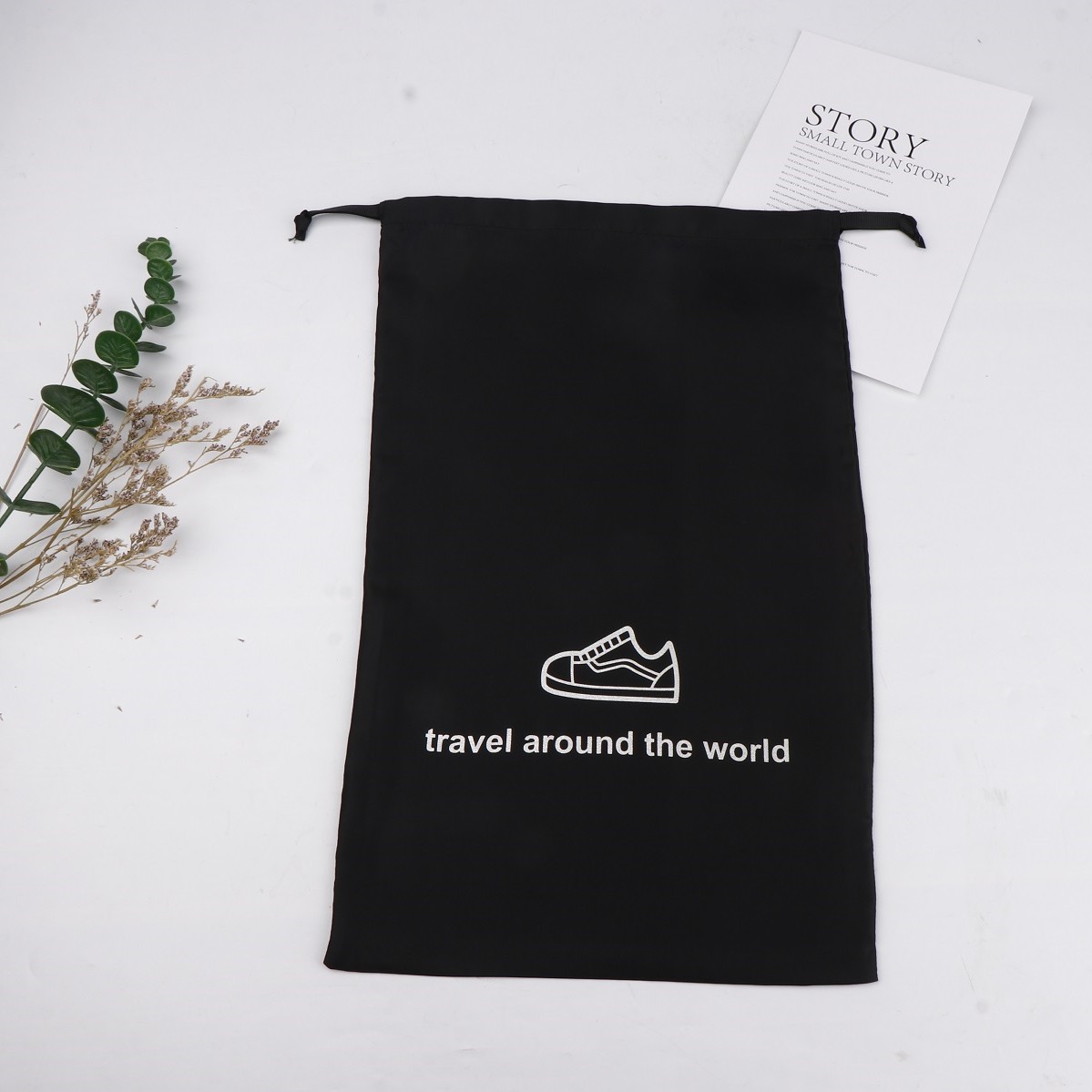 Foldable Durable Soft Can Be Washed Shoe Dust Bag Custom Logo Black Cotton Drawstring Bag Cotton Dust Bags for Handbag Shoes