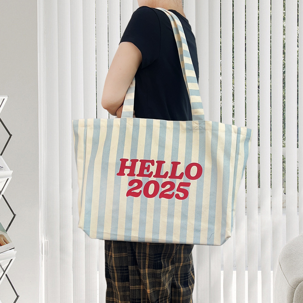 Wholesale Stripe Reusable Gift Travel Large Capacity Classic Students Shopping Custom Printed Logo Women Cotton Canvas Tote Bag - 图片 2