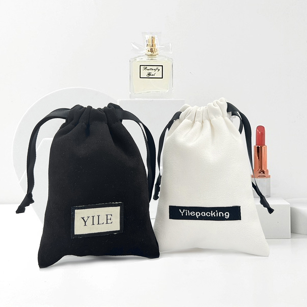 Wholesale Small White Black Custom Logo Printing Perfume Suede Packaging Jewelry Pouch Dust Velvet Drawstring Bag