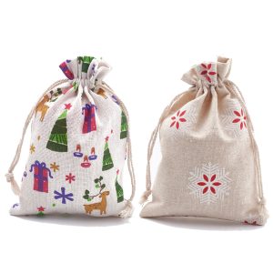 Custom Plenty Lovely Fruit Flower Grass Cat Owl Flamingo Rabbit Flax Patterns Gift Pouch Linen Dust Drawstring Bag