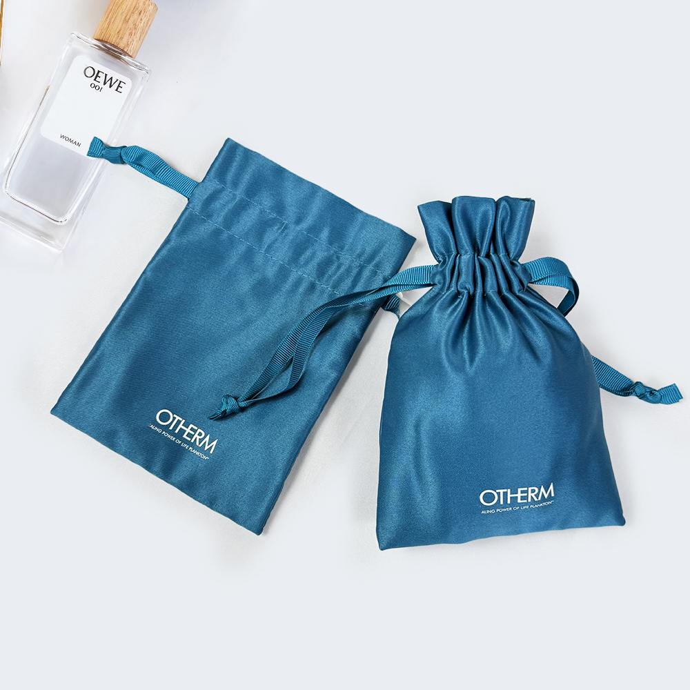 Wholesale Blue Custom Silk Screen Printing Jewelry Necklace Packaging Cosmetic Gift Makeup Pouch Satin Drawstring Bag With Logo - 图片 3