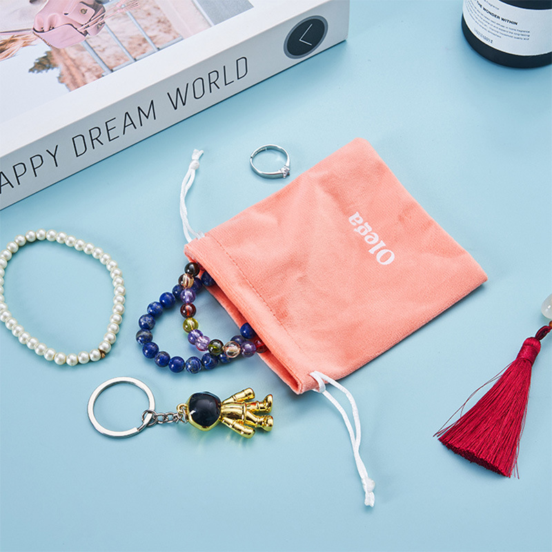Custom Logo Printed Small Pink Velvet Earring Ring Packing Bag Drawstring Velvet Gift Jewelry Pouch - 图片 4
